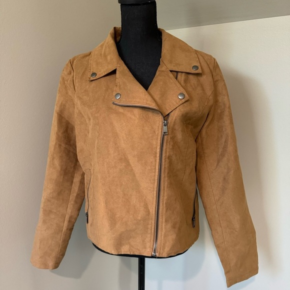 Bagatelle Faux Suede Moto Jacket Women's Size Large Tan Asymmetrical Zip Front‎ - Picture 1 of 4